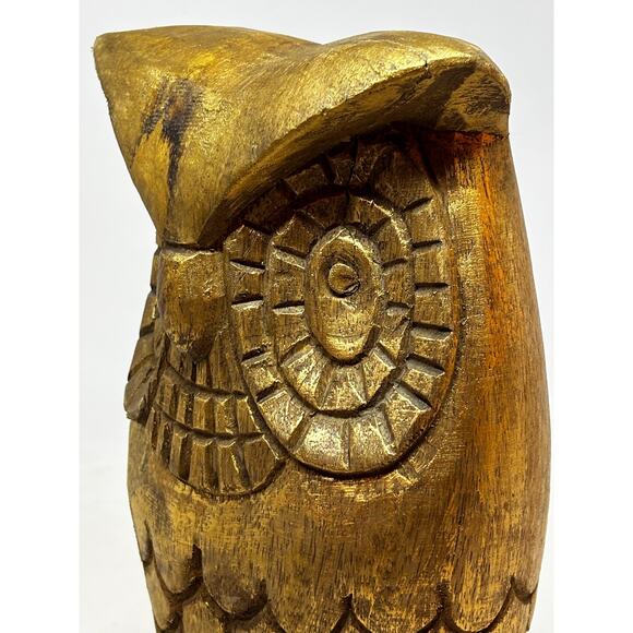 Solid Wood Hand Carved Owl Painted Gold With Black Felt bottom Green Front - Picture 6 of 9